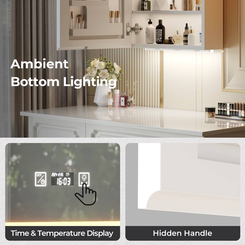 White MDF LED Bathroom Wall Cabinet with Mirror, Shelves and USB Ports - 19.7” x 6.3” x 27.6”