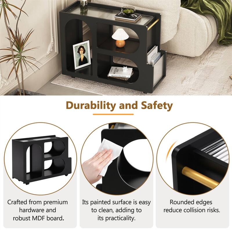 Mobile End Table with Thick Fluted Tempered Glass, Narrow Side Table with Lockable Wheels and Open Storage Compartments