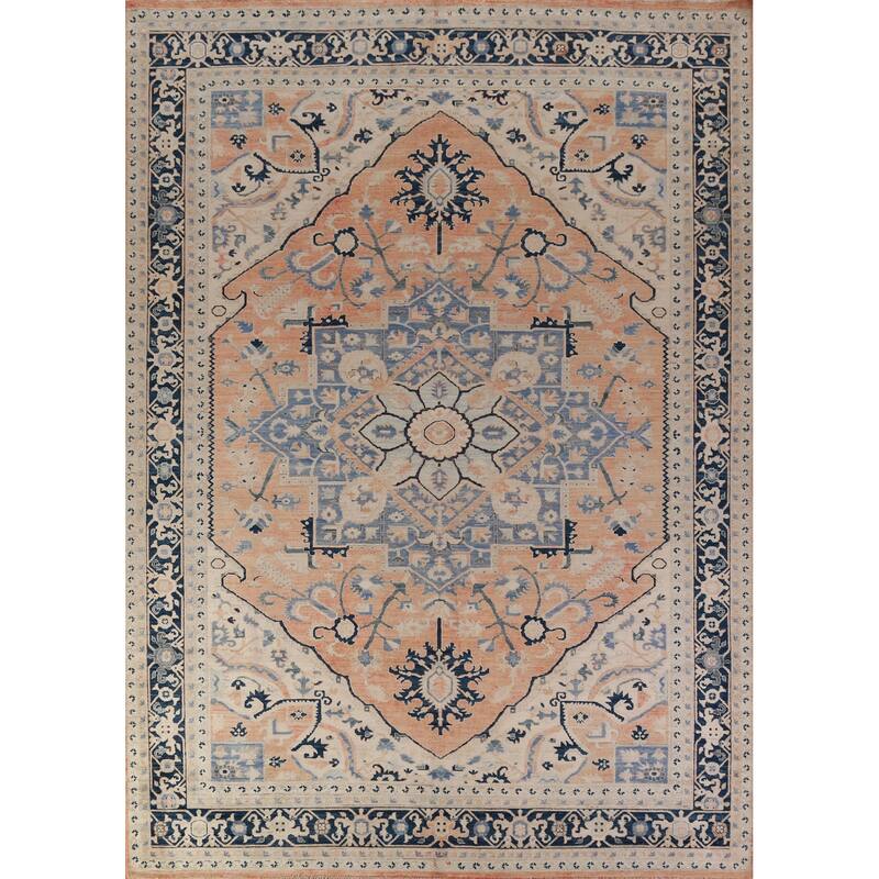 Orange Vegetable Dye Heriz Serapi Rug Hand-Knotted Wool Carpet - 8'11"x 11'11"