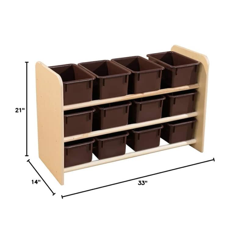 Sturdy 3 shelf Storage Rack with 12 Brown Trays, Birch Wood Storage Organizer Unit with Bins - 21"