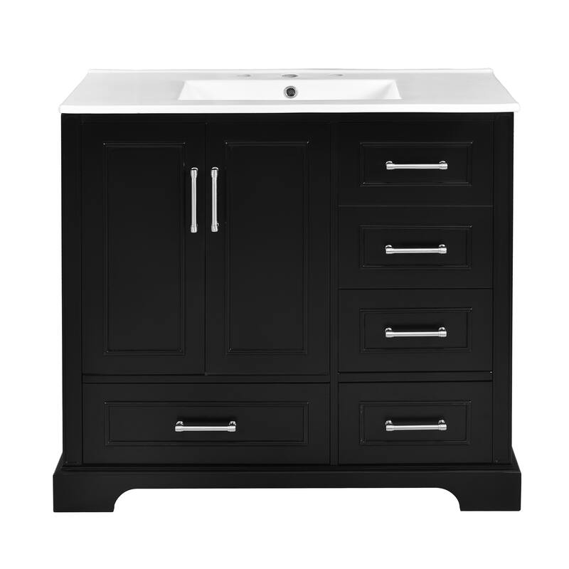 36" Traditional Bathroom Vanity with Ceramics Sink, Bathroom Cabinet with Two Soft Close Doors and Four Drawers