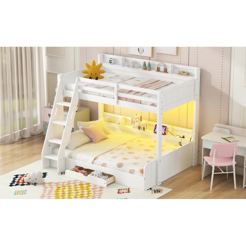 Twin over Full Bunk Bed with Shelves, Multi-functional Kids Storage Bed Frame with LED Light, Charging Station and Drawer