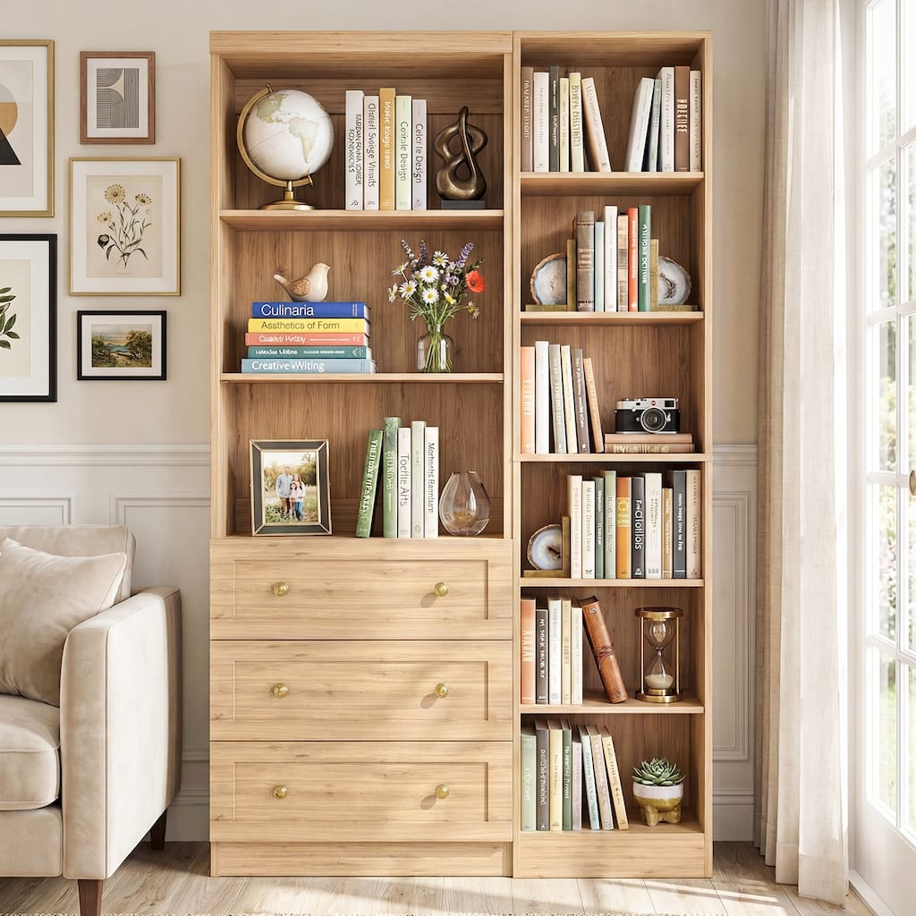 80" Tall Display Bookcase with Drawers and Adjustable Shelves, Modern Bookshelf Storage Cabinet for Living Room, Home Office,