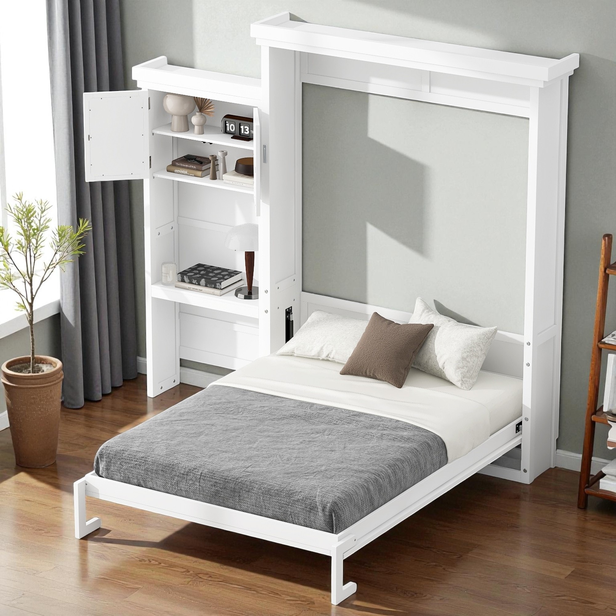 Queen Size Murphy Bed with Foldable Design, Storage Shelves, and Louvered Style Panel for Space Saving