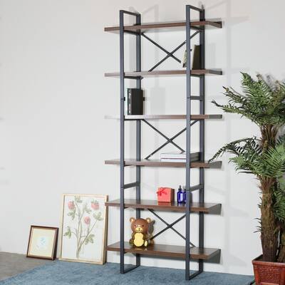 6-tier etagered walnut shelf bookcase with black metal frame - 35.43*12.5*85 inches