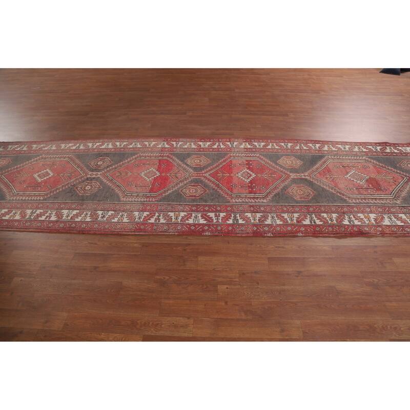 Hand Knotted Oriental 100% Wool Carpet Traditional Geometric Greys & Charcoal Ardebil Runner Rug - 12' 9'' X 3' 7''