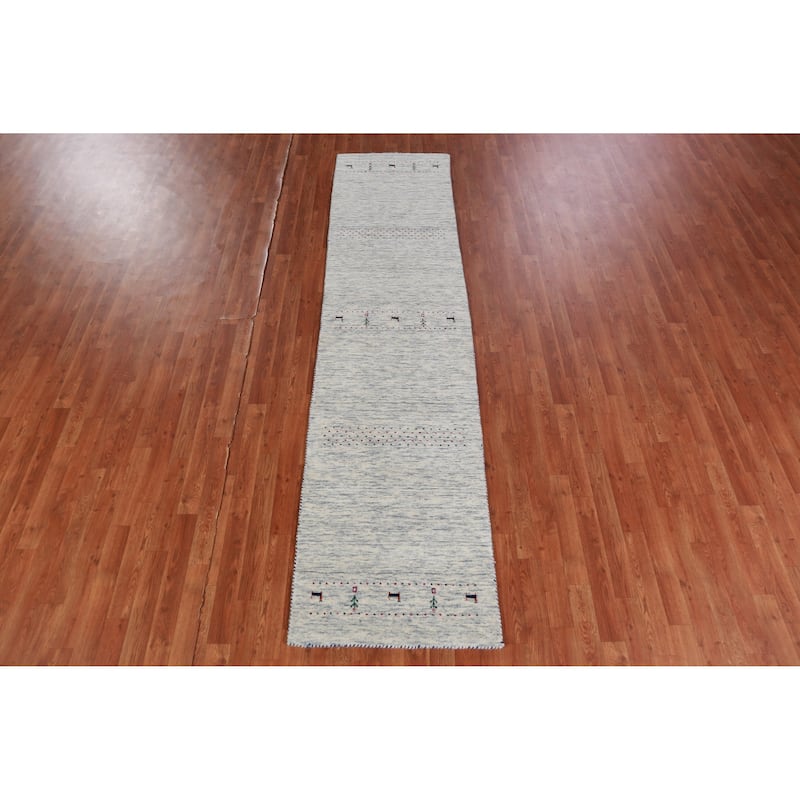 Hand Knotted Oriental 100% Wool Carpet Tribal Animal Pictorial Beige & Ivories Gabbeh Runner Rug - 9' 11'' X 2' 5''