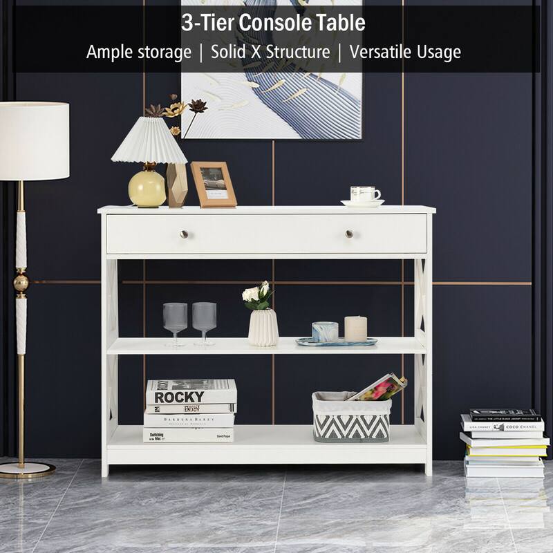 Gymax Console Table Drawer Shelves Sofa Accent Table Entryway Hallway - 39.5'' x 12'' x 31.5''