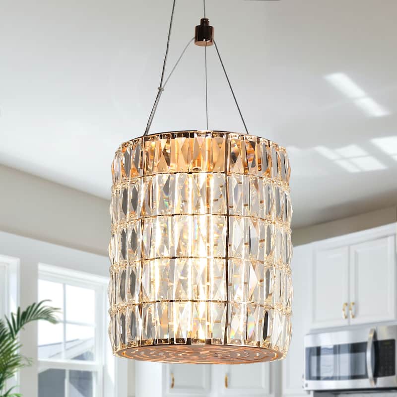 Modern Gold LED 1-Light Crystal Drum Pendant Light for Kitchen Island Dining Room - D9.1" x H75.9" Max