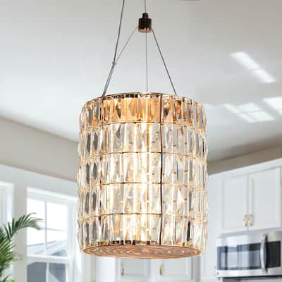 Modern Gold LED 1-Light Crystal Drum Pendant Light for Kitchen Island Dining Room - D9.1" x H75.9" Max