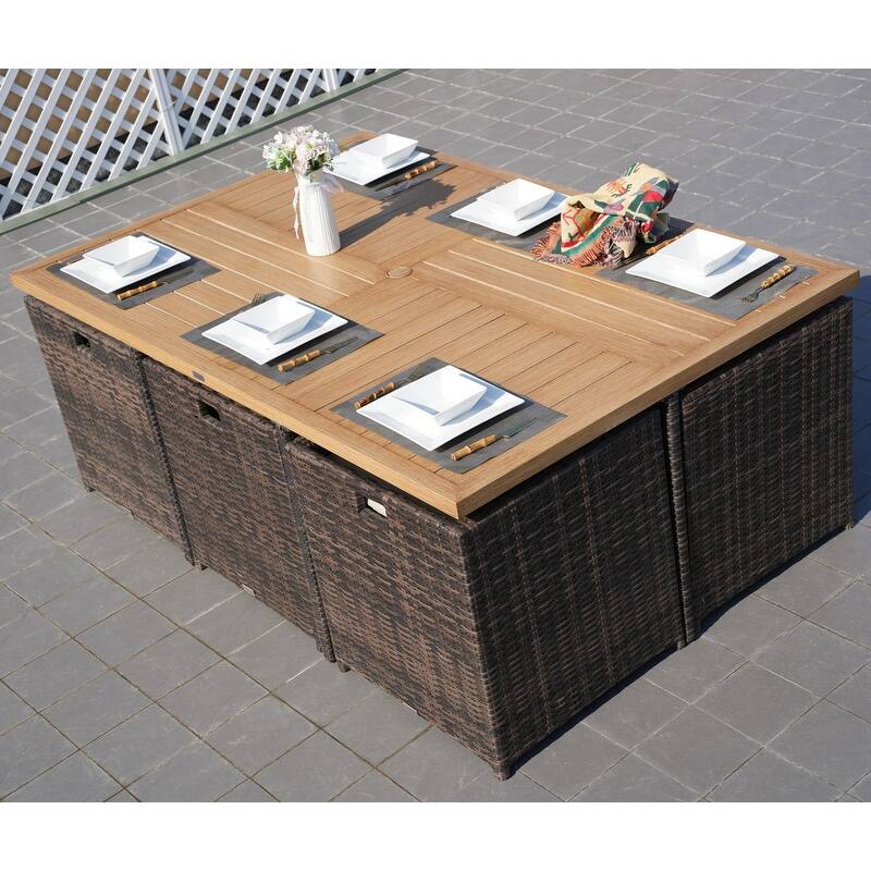 11-Piece Patio Wicker Aluminum Dining Table Set w/ Chairs and Ottomans