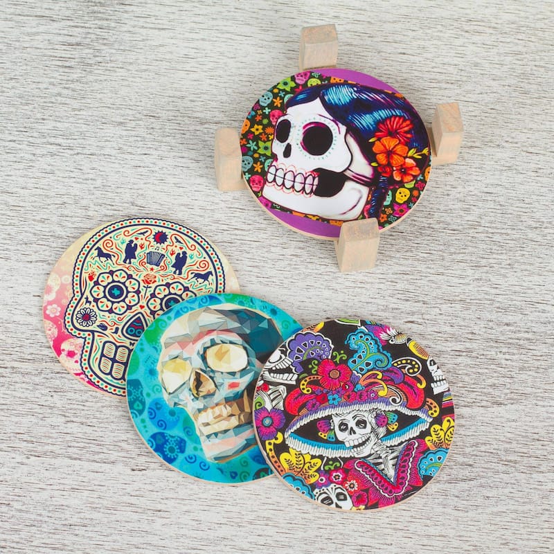 NOVICA Artisan Handblown Decoupage Coasters Multicolor Skull Halloween Wood Mexican Barware 'Festival of the Dead' (Set of 4)