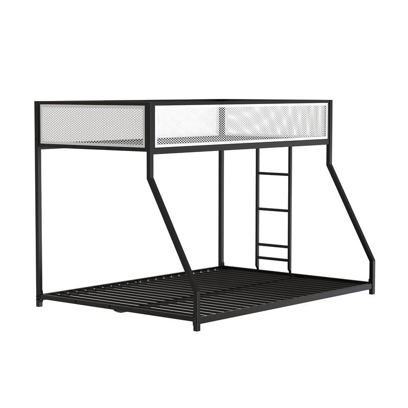 Contemporary Twin Over Full Metal Bunk Bed with Ladder, Black Finish, Mattress Ready