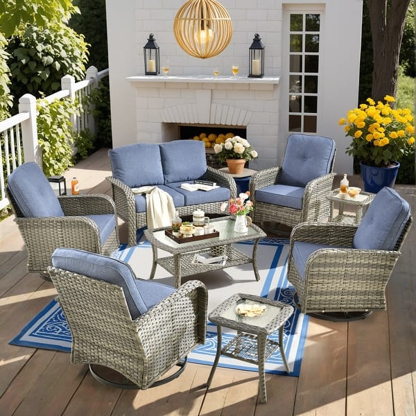 slide 2 of 58, XIZZI Outdoor Patio Furniture Wicker Sofa Swivel Chair Set 8-Piece - Denim Blue
