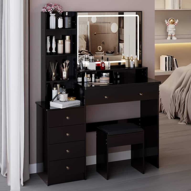 41"Large Size Left Bedside Cabinet Vanity Table+Cushioned Stool, Extra Large LED Mirror, Multi Layer High Capacity Dresser