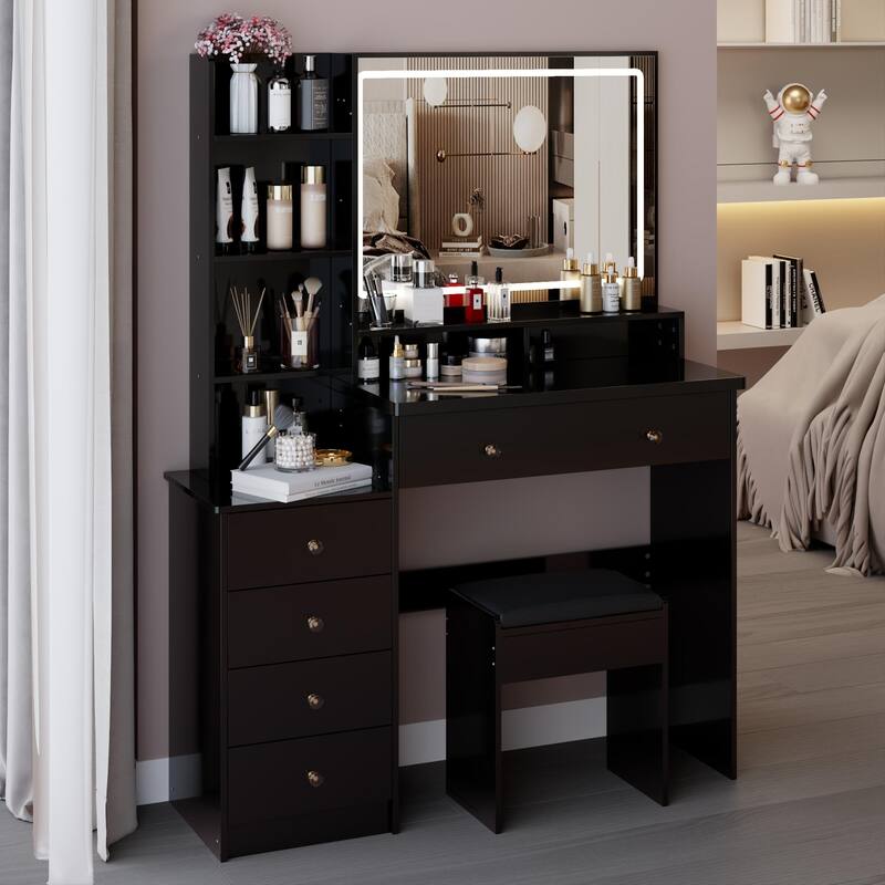 Vanity Desk with Touch Control LED Sliding Mirror, Large Capacity Dresser Table Set, Makeup Vanity with 5 Drawers & Stool