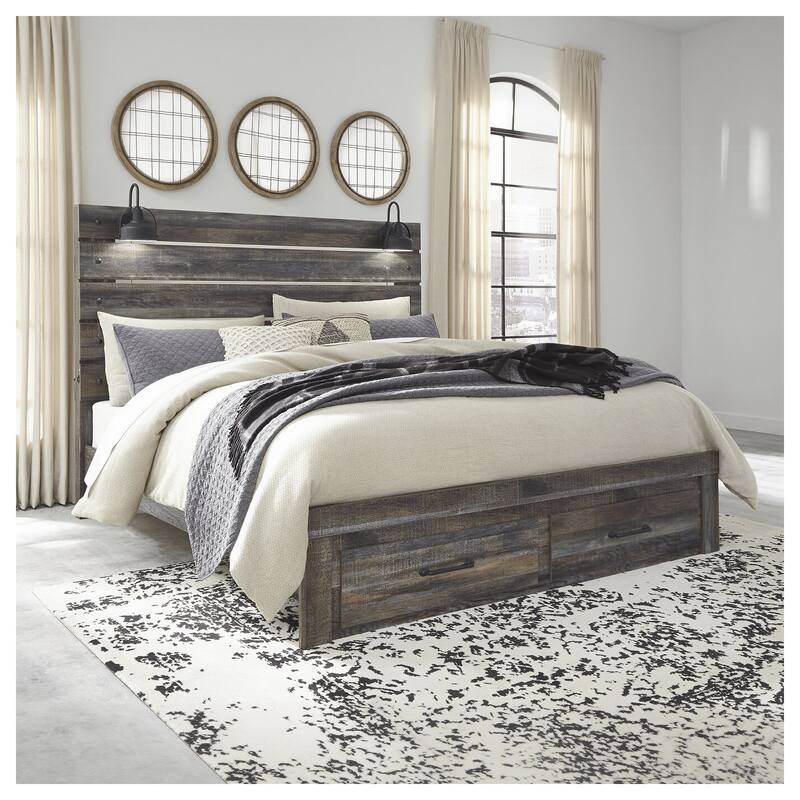 Drystan Rustic Brown Panel Bed with Footboard Storage Drawers - King