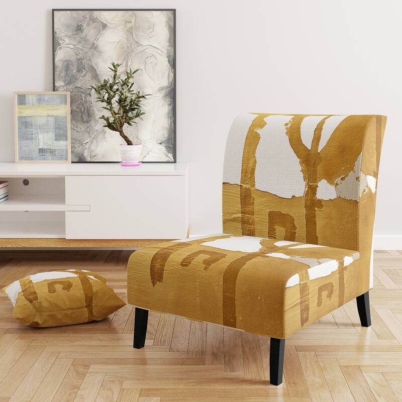 Designart "Black & White Crossing Paths I" Upholstered Abstract Accent Chair - Modern Arm Chair For Bedroom - Slipper Chair - White & Gold