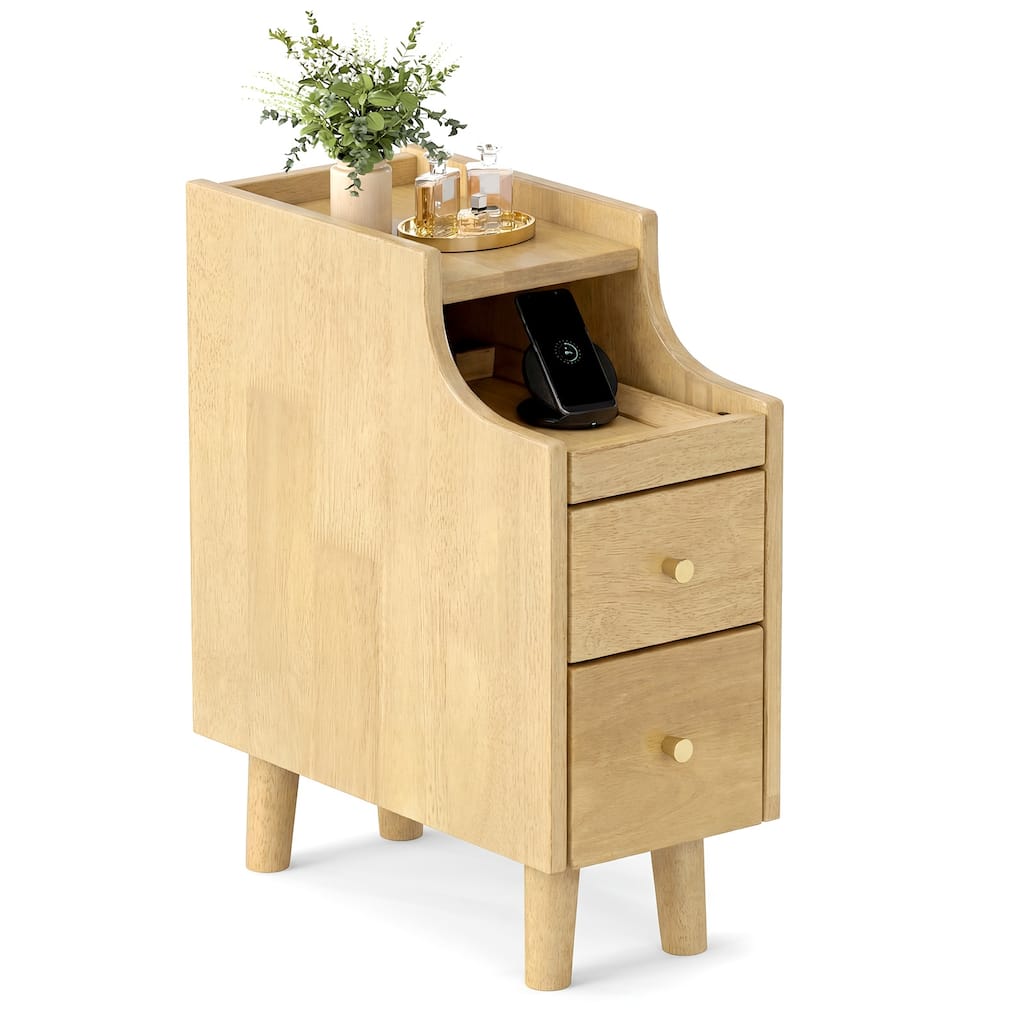 Gymax Narrow Nightstand Solid Wood End Table w/ Pull-out Tray & 2 - 1 PCS