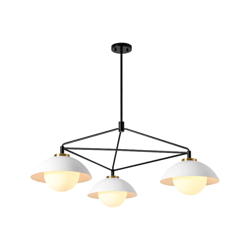 3-Light 41.9" W Mid-Century Modern Matte Black Dome Geometric Metal Chandelier with Opal Glass Globe Shades