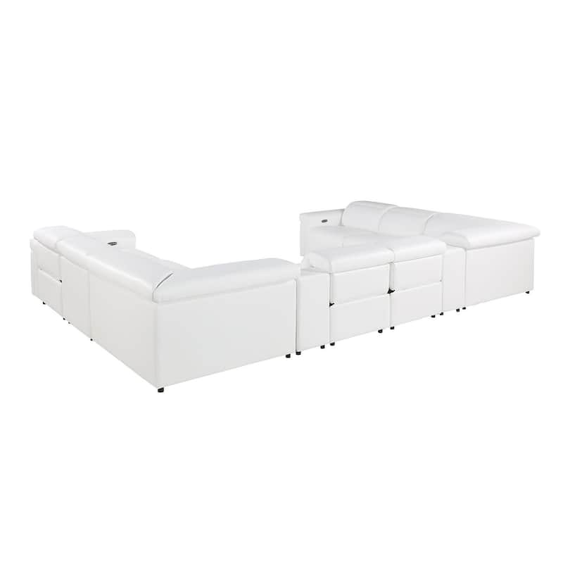 HomeRoots White Italian Leather Power Reclining U Shaped Ten Piece Corner Sectional With Console