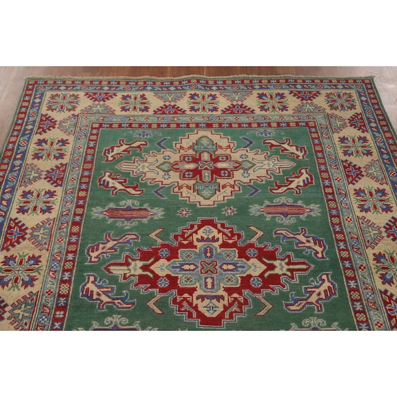Green Geometric Kazak Area Rug Hand-Knotted Wool Carpet - 4'11" x 6'1"