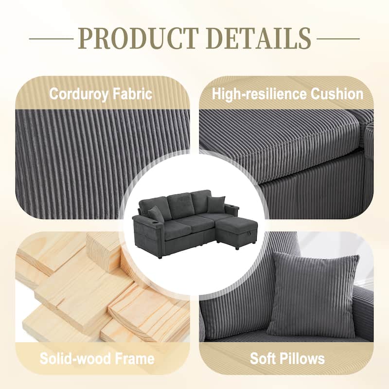 HOMEFUN Corduroy Upholstered L-shaped Pull-Out Storage Sectional Sofa with Storage Ottoman,USB Charging,Cup Holder