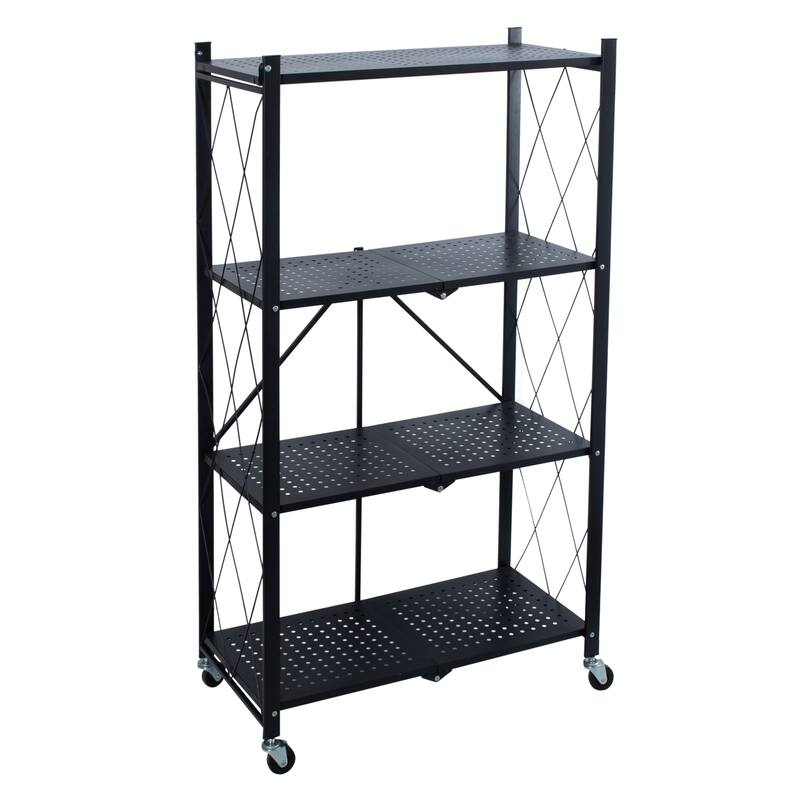 Organize It All Foldable Metal Rack with Wheels in Black - 4 Tier