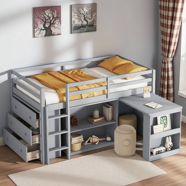 slide 2 of 22, Twin Loft Bed with Pull-Out Desk, Storage Cabinets & Drawer Shelves, Solid Rubber Wood, Safety Guardrail & Ladder Grey