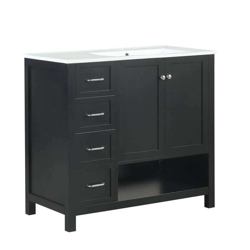 Freestanding Storage Cabinet Bathroom Vanity with Drop-In Sink, Ceramic Top, 2 Doors, 2 Drawers and Open Shelf