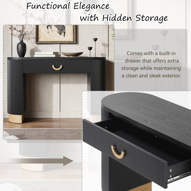Modern Oval Console Table with Vertical Ribbed Design, Drawer Storage & Solid Base, Entryway Table for Living Room