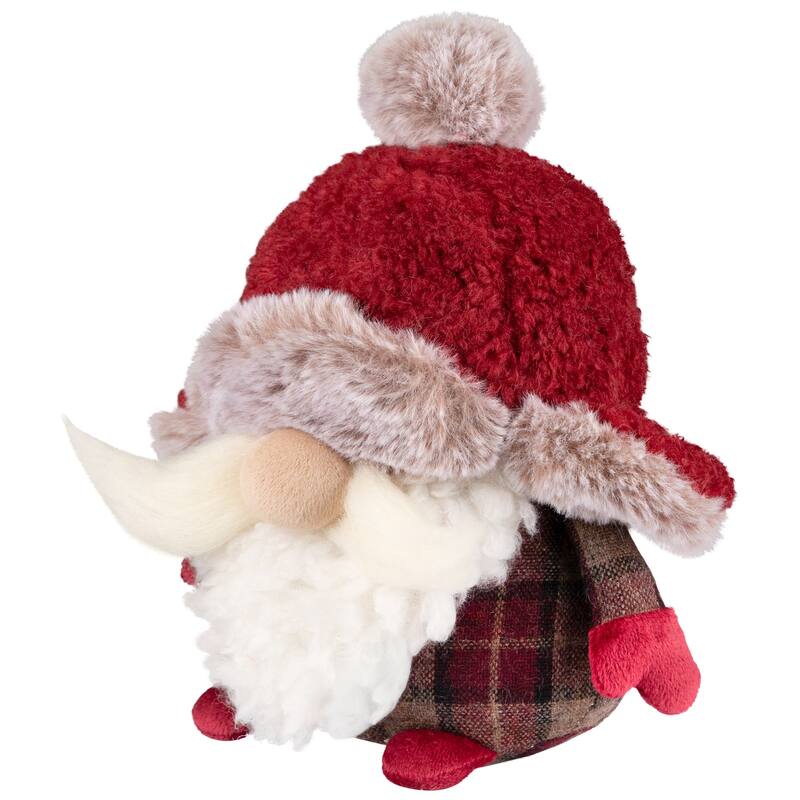 Plush Gnome Christmas Figure in Winter Trapper Hat - 7.75" - Maroon and Brown