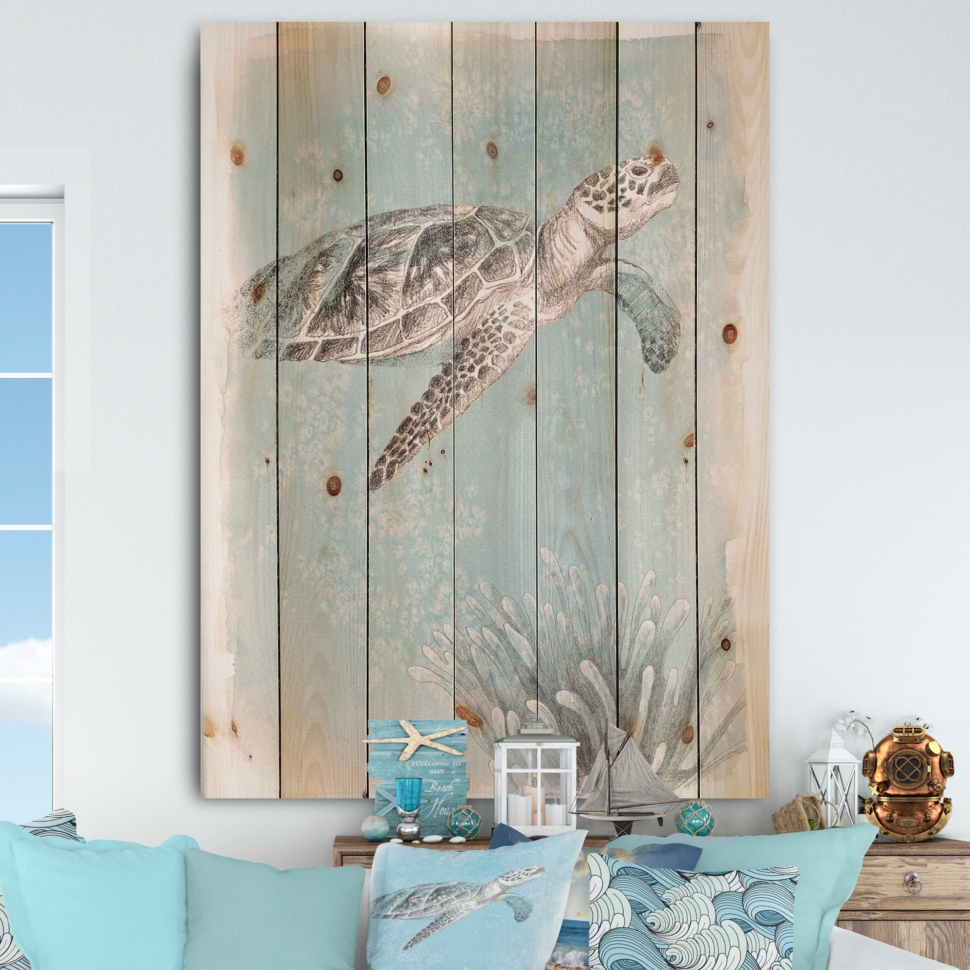 Designart 'Coastal Sea Life I Turtle sketches' Nautical & Coastal Print on Natural Pine Wood
