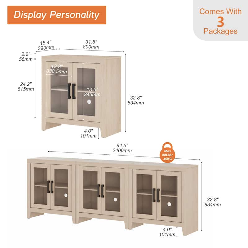 WAMPAT Modern Farmhouse Modular Buffet Cabinet, Glass Door Sideboard with Adjustable Shelves