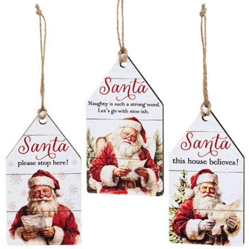 Vintage Red-White Wooden Christmas Tags with Jute String Hangers for Holiday Decor 3 Asstd. - 5" H x 2.75" W x .25" D