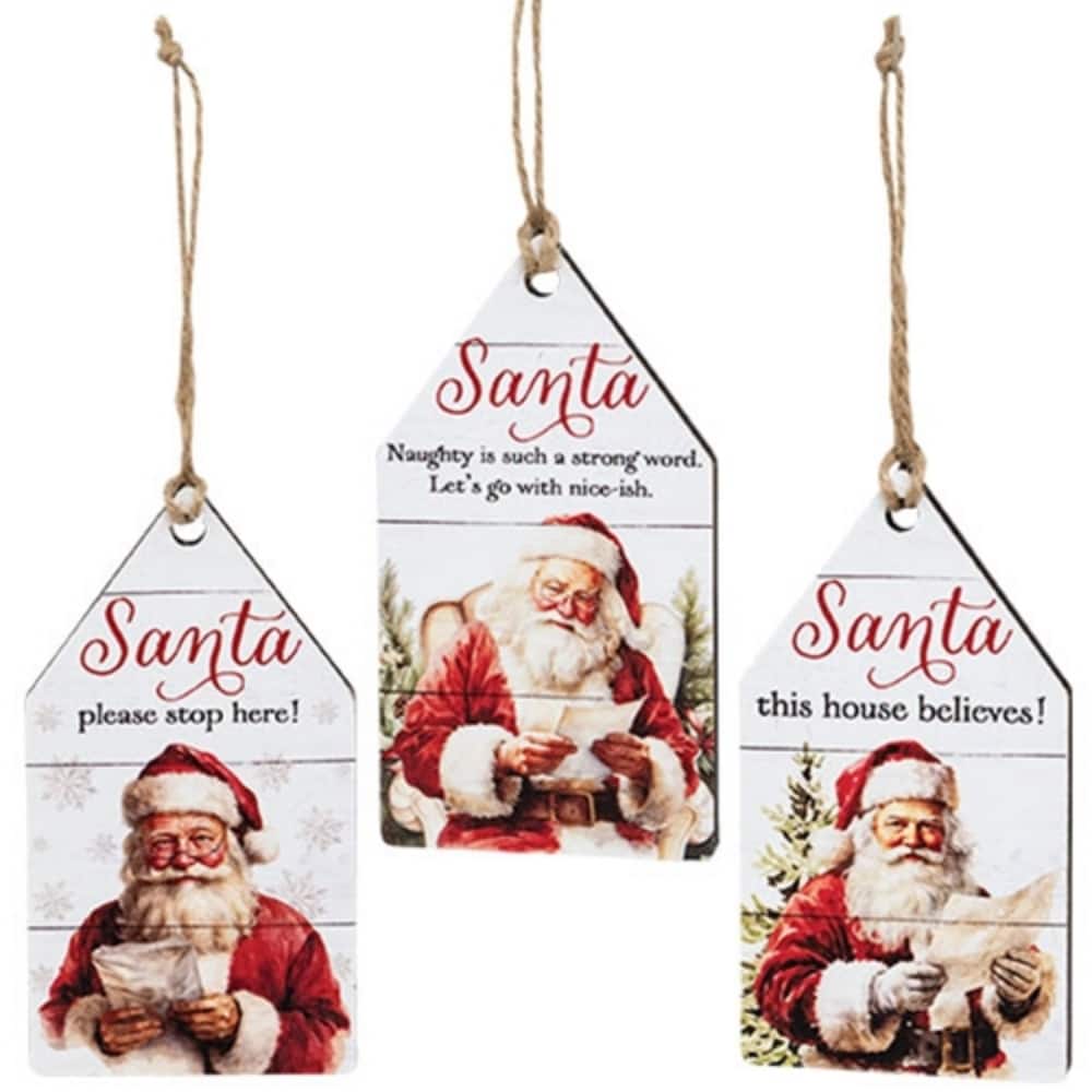 Vintage Red-White Wooden Christmas Tags with Jute String Hangers for Holiday Decor 3 Asstd. - 5" H x 2.75" W x .25" D