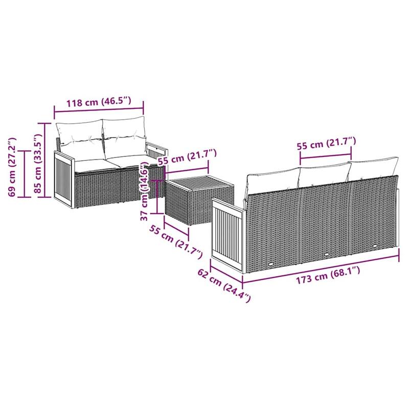 vidaXL 6 Piece Patio Sofa Set with Cushions Gray Poly Rattan - 115.8x27.2x71.3