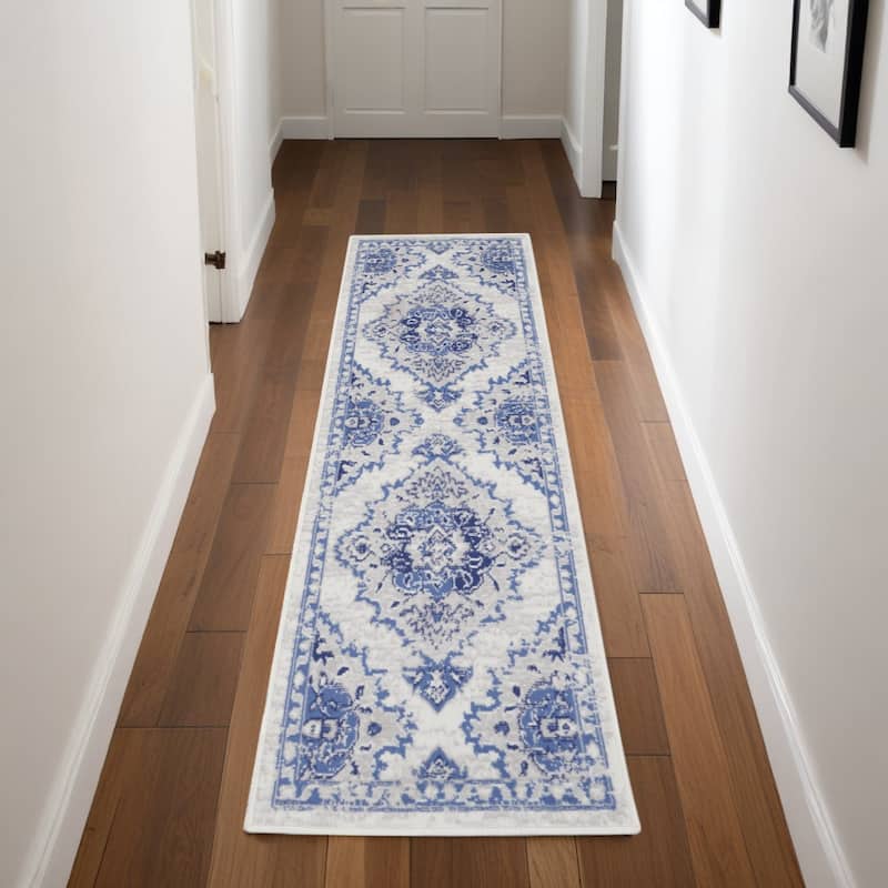 Power Loomed Distressed Abstract Floral Non Skid Stain Resistant Area Rug - 96' X '24' X '0.39 - 96' X '24' X '0.39 - Oxford Blue - Runner