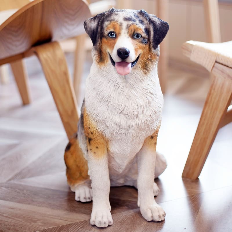 Australian Shepherd Puppy Outdoor Garden Statue - 19.75" - White and Brown