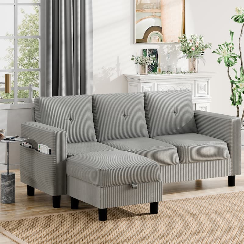3-Seater Sectional Sofa with Movable Ottoman, Modern Living Room Couch - LightGrey