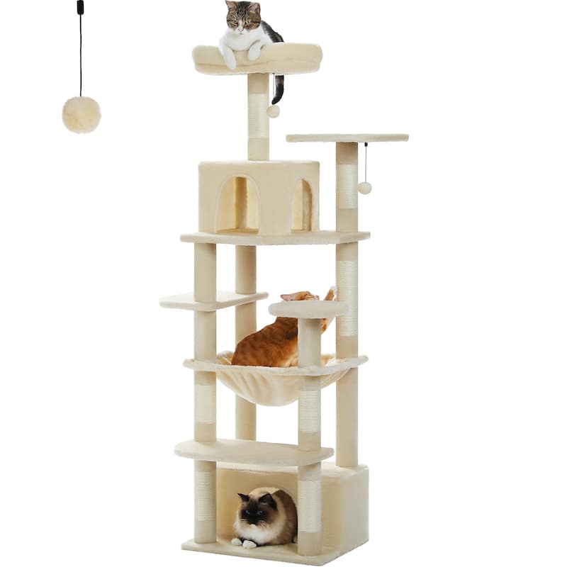 64.5" Cat Tree with Sisal-Covered Scratching Posts, 2 Padded Perch, Dual Condo and Basket