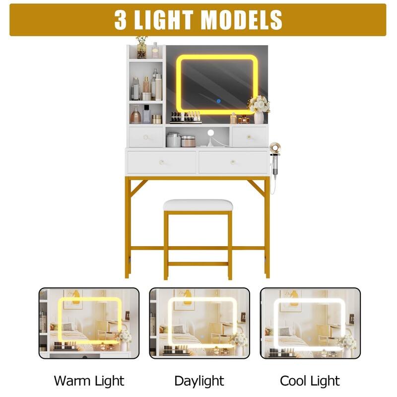 Makeup Vanity with Mirror and LED Lights, Charging Station, 4 Drawers, Shelves, Stool