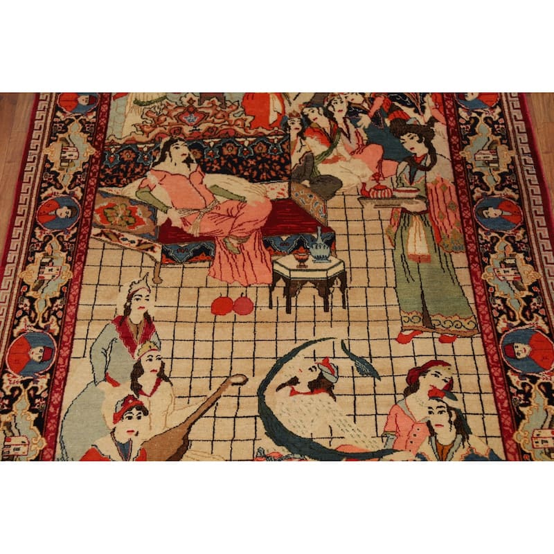 Pre-1900 Antique Pictorial Kashan Persian Rug Hand-Knotted Wool Carpet - 4'3"x 7'0"