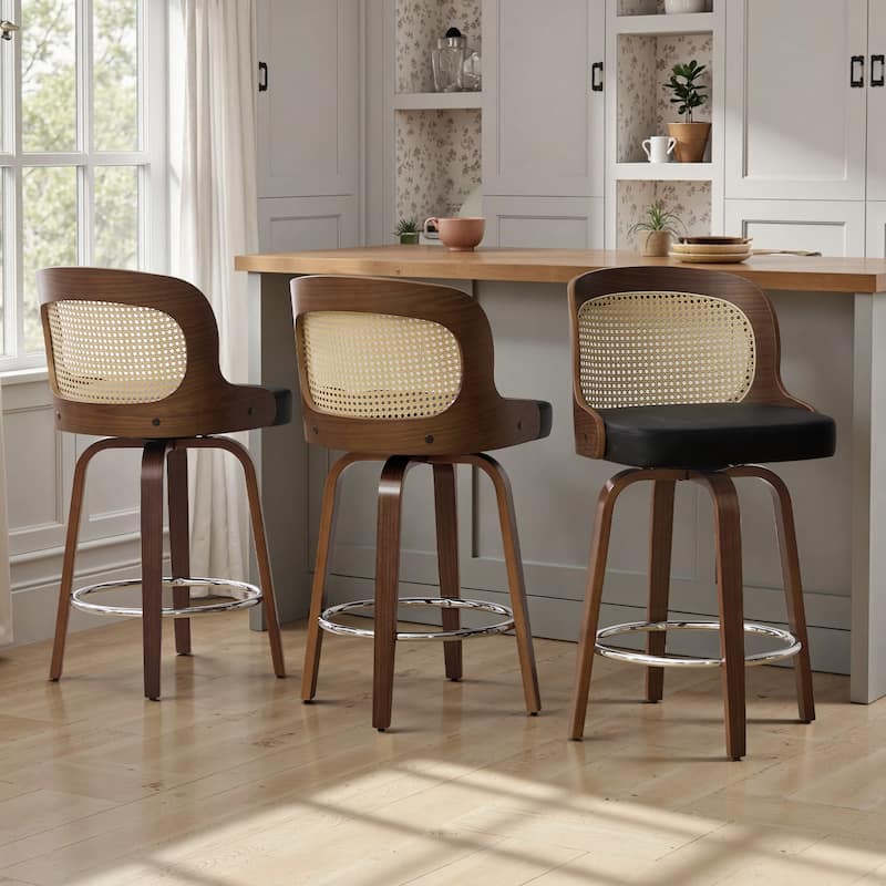 26" Upholstered Swivel Counter & Bar Stool with Rattan Back - 37.4"H x 19.09"W x 19.88"D
