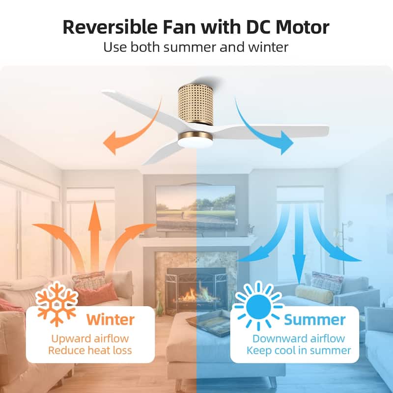 MLiAN 52 In. 3 Solid Wood Blades Flush Mount Ceiling Fan with Light Kit - 52"
