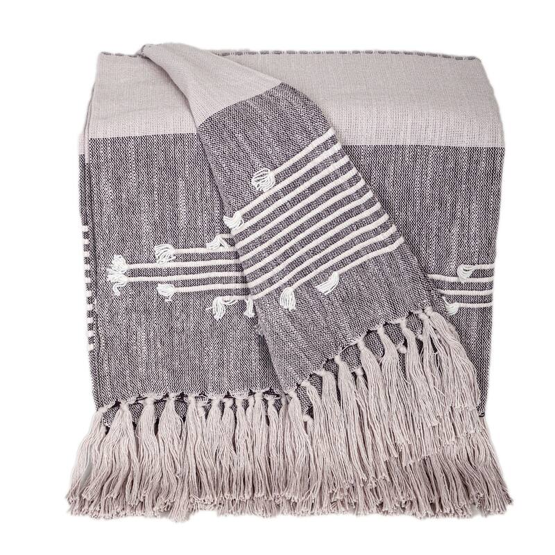 HomeRoots 50" X 60" Gray Woven Cotton Striped Throw Blanket with Tassels and Embroidery