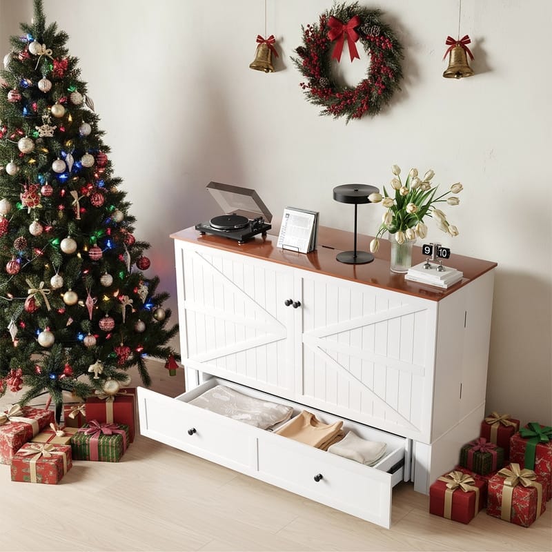 Mixoy Modern Full/Queen Size Murphy Bed Chest with Mattress and Storage - White with Mattress - Queen