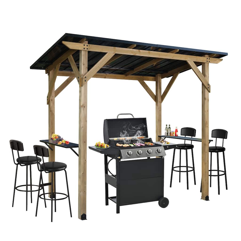 Aoodor 8' x 5' Wooden Grill Gazebo, Outdoor Hardtop Gazebo with Sloping Metal Roof and 2 Side Shelves