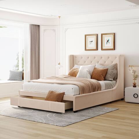 Nestfair Queen Size Velvet Upholstered Platform Bed with Wingback Headboard and Drawer
