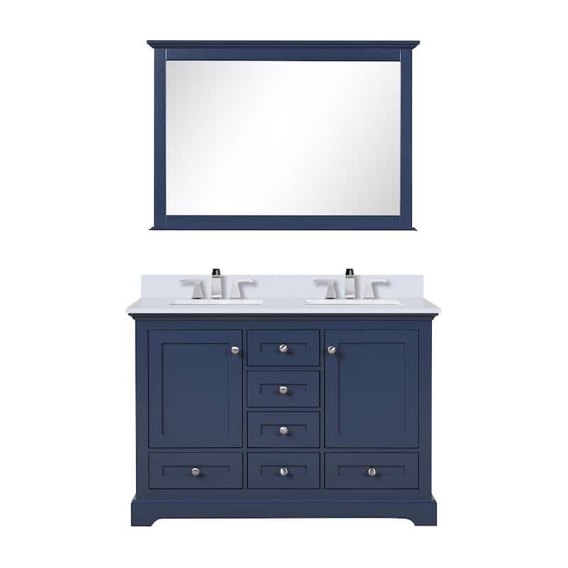 Dukes 48 in. W x 22 in. D White Double Bath Vanity, White Quartz Top, Faucet Set, 46 in. Mirror - Navy blue